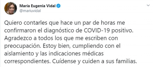 Mari Eugenia Vidal dió postivo en Coronavirus