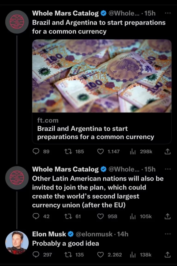 Elon Musk celebró la idea de que Argentina y Brasil tengan una moneda en común