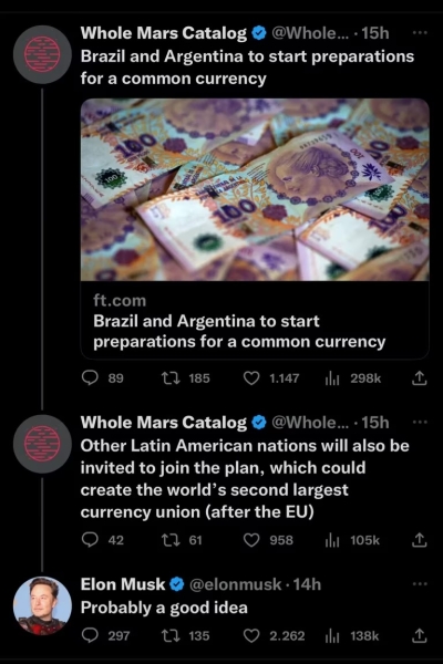 Elon Musk celebr&oacute; la idea de que Argentina y Brasil tengan una moneda en com&uacute;n