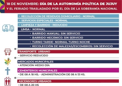Servicios municipales por el feriado del d&iacute;a 18 de noviembre