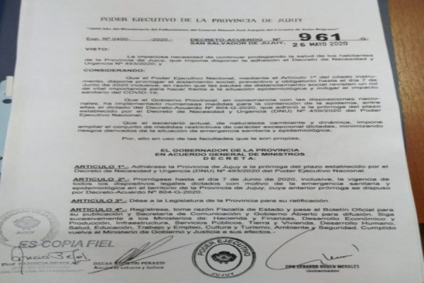 Jujuy adhirió oficialmente a la prórroga de la cuarentena