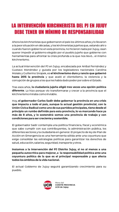 La intervenci&oacute;n kirchnerista del PJ en Jujuy debe tener un m&iacute;nimo de responsabilidad