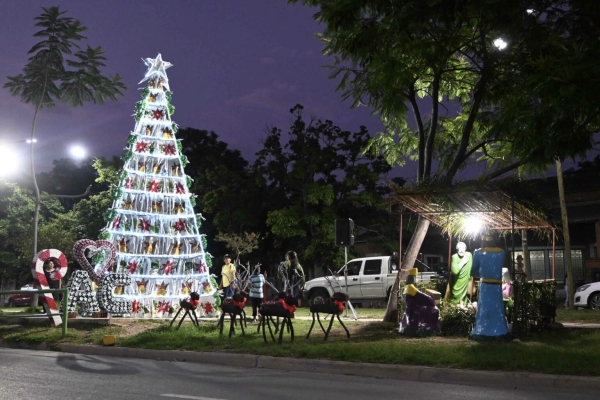 Se encendi&oacute; el &aacute;rbol &iacute;cono realizado con material reciclado en el barrio Alto Comedero