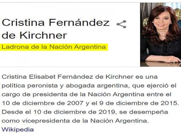 Cristina Kirchner denunció a Google porque figuró como “ladrona de la Nación Argentina”