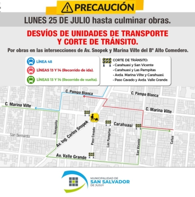 Modificaciones en el tr&aacute;nsito por obras en Alto Comedero
