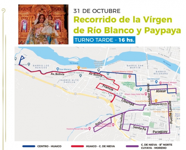 As&iacute; ser&aacute; el recorrido de la Virgen de R&iacute;o Blanco por la ciudad