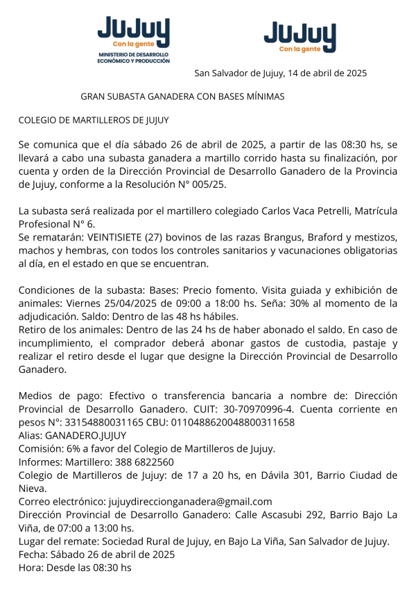 GRAN SUBASTA GANADERA CON BASES M&Iacute;NIMAS