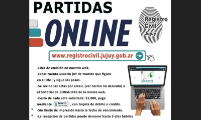 Partidas de Nacimiento. Solicitan realizar el pedido en forma online