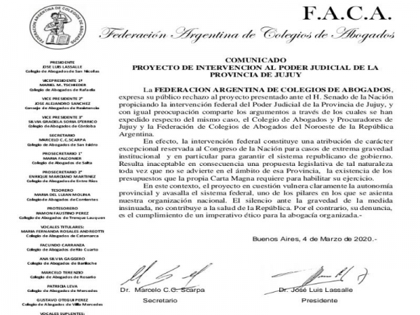 La FACA sumó su rechazo al proyecto de intervención