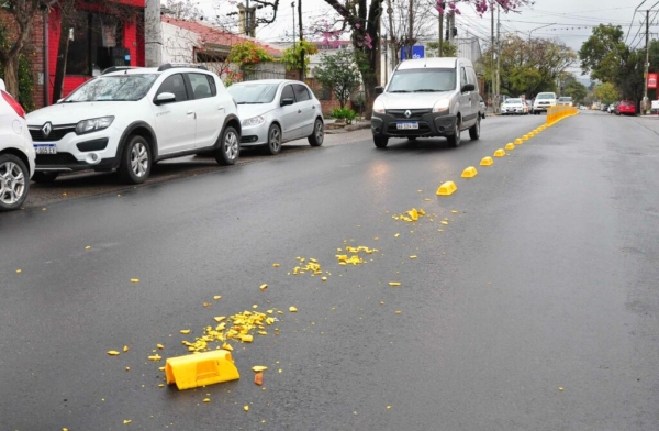 Da&ntilde;an separadores viales en la repavimentada av. Illia de Los Perales