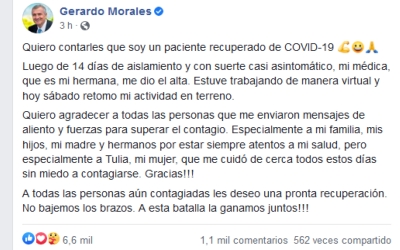 Gobernador Morales ya es un paciente Covid recuperado