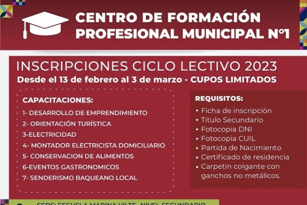 El lunes 13 inician inscripciones en el Centro de Formaci&oacute;n Profesional Municipal N&deg;1