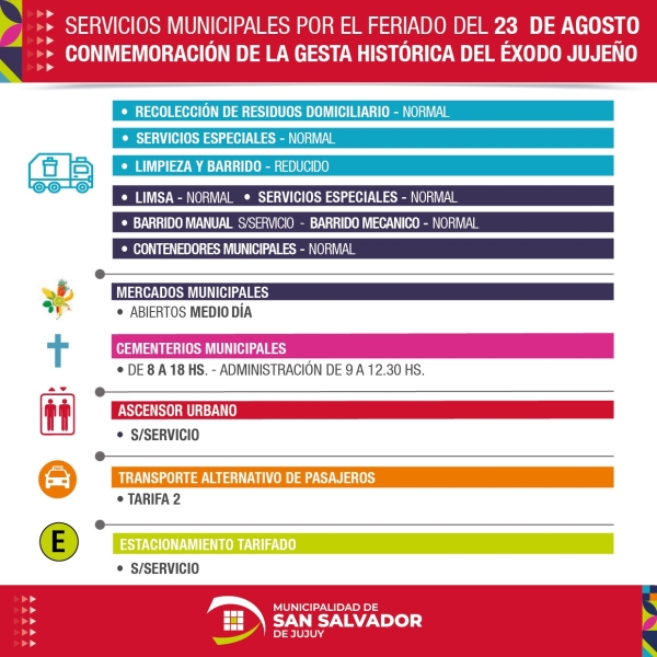Servicios Municipales por el feriado del 23 de agosto