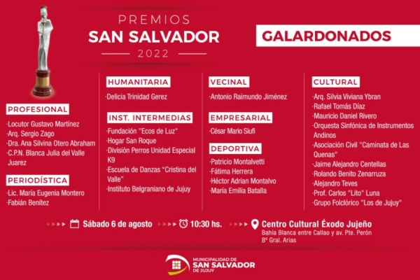 Te presentamos a los 28 galardonados de los premios San Salvador 2022